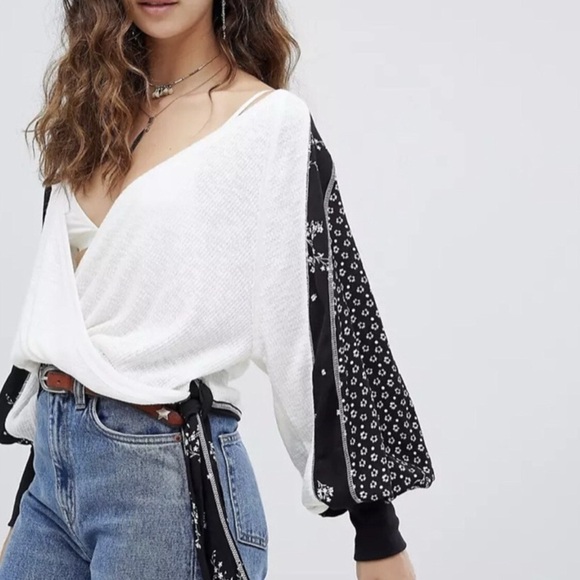 Free People Top Womens Large Auxton Thermal Floral Faux Wrap Hippie Ling Sleeve - Picture 1 of 10